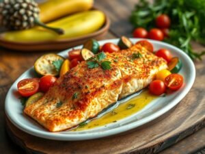 Salmão Tropical Assado com Legumes Coloridos