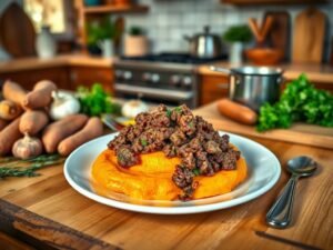 Purê de Batata Doce com Carne Moída à Brasileira