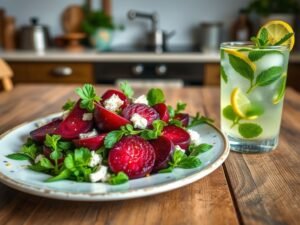 Salada de Beterraba Cozida Simples com Limonada de Hortelã