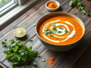 Sopa de Lentilha Vermelha com Curry e Coco