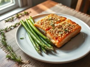 Salmão Grelhado com Crosta de Amêndoas e Aspargos