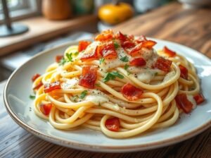 Massa Carbonara com Bacon e Ovo Gema à Brasileira