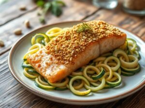 Salmão Crosta Pistache com Abobrinha Spirals